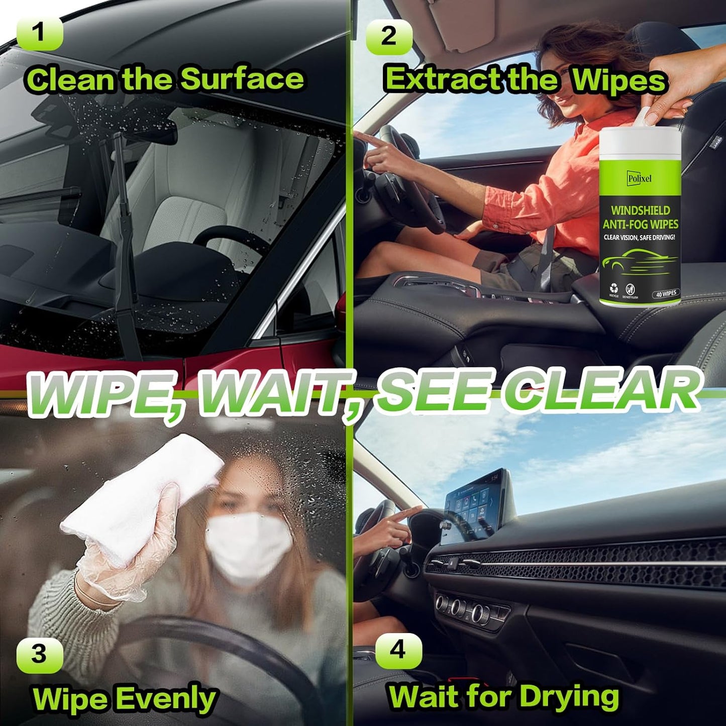 Glass Anti-Fog Wipes - Quick Windshiled Fogging Remover Resealable Bottle Pack Defogger for Windows, Helmets, Mirrors, Goggles -40 Wipes