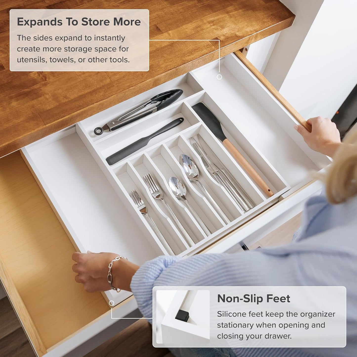 KitchenEdge Premium Silverware, Flatware and Utensil Organizer for Kitchen Drawers, Food-Safe Contract Grade, Expandable from 14.5 to 25 In, White Bamboo