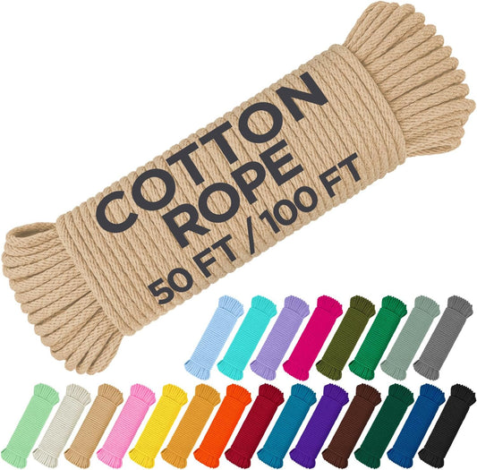 TECEUM Cotton Rope 3/16” (5 mm) – 50 FT – Strong All-Purpose Braided Rope – Natural Cotton – for Crafting, Сamping, Clothes Line, DIY, Indoor & Outdoor Use – Beige