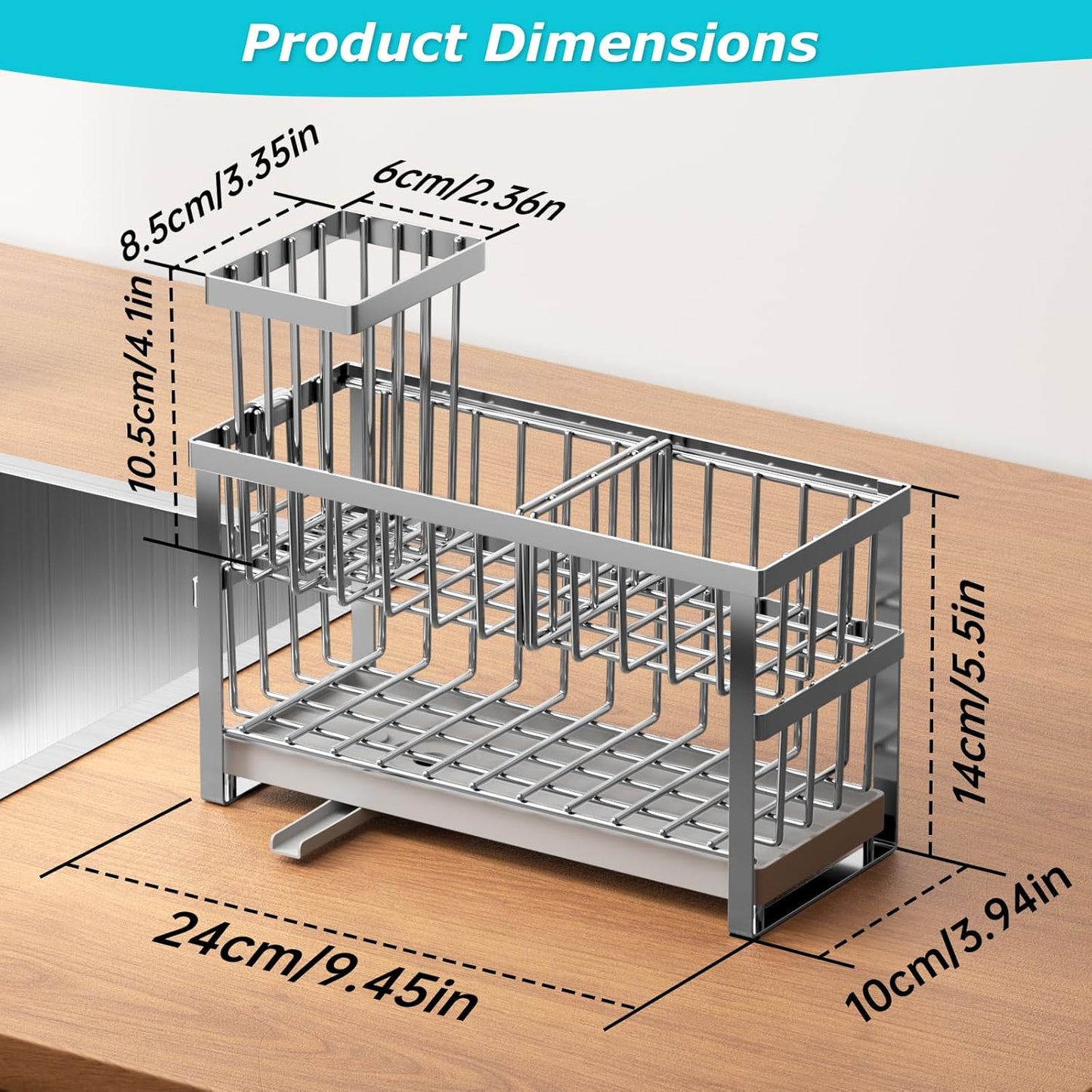Sponge Holder for Kitchen Sink, 2 Tier Sink Caddy Organizer Countertop with Dish Brush Holder and 360° Drain Tray, Rustproof Stainless Steel Dish Soap Storage Rack Set for Accessories Silver