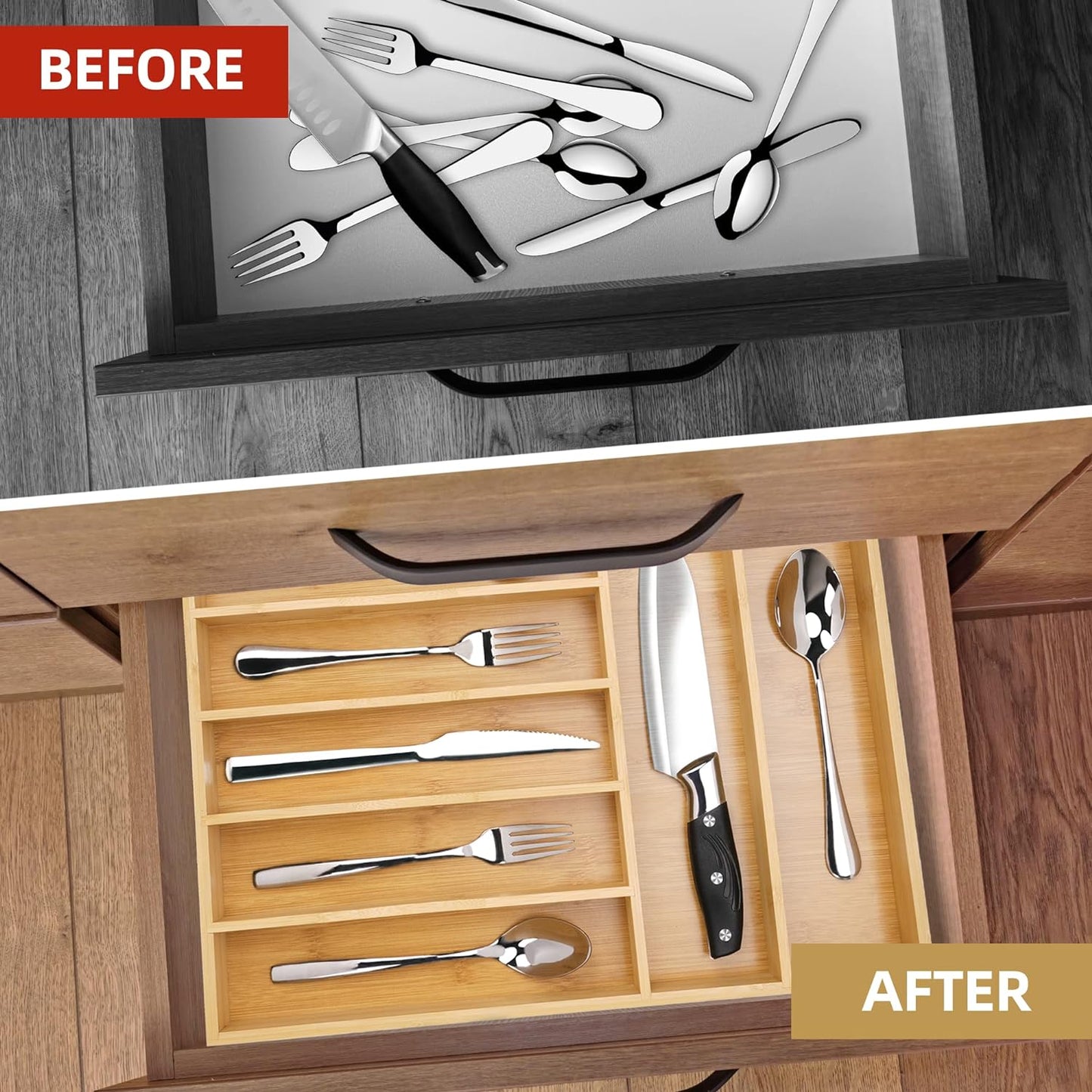 Silverware Organizer Bamboo Kitchen Drawer Organizer Utensil Organizer Silverware Holder Cutlery Organizer in drawer Flatware Organizer Tray (Natural 7 Slots)