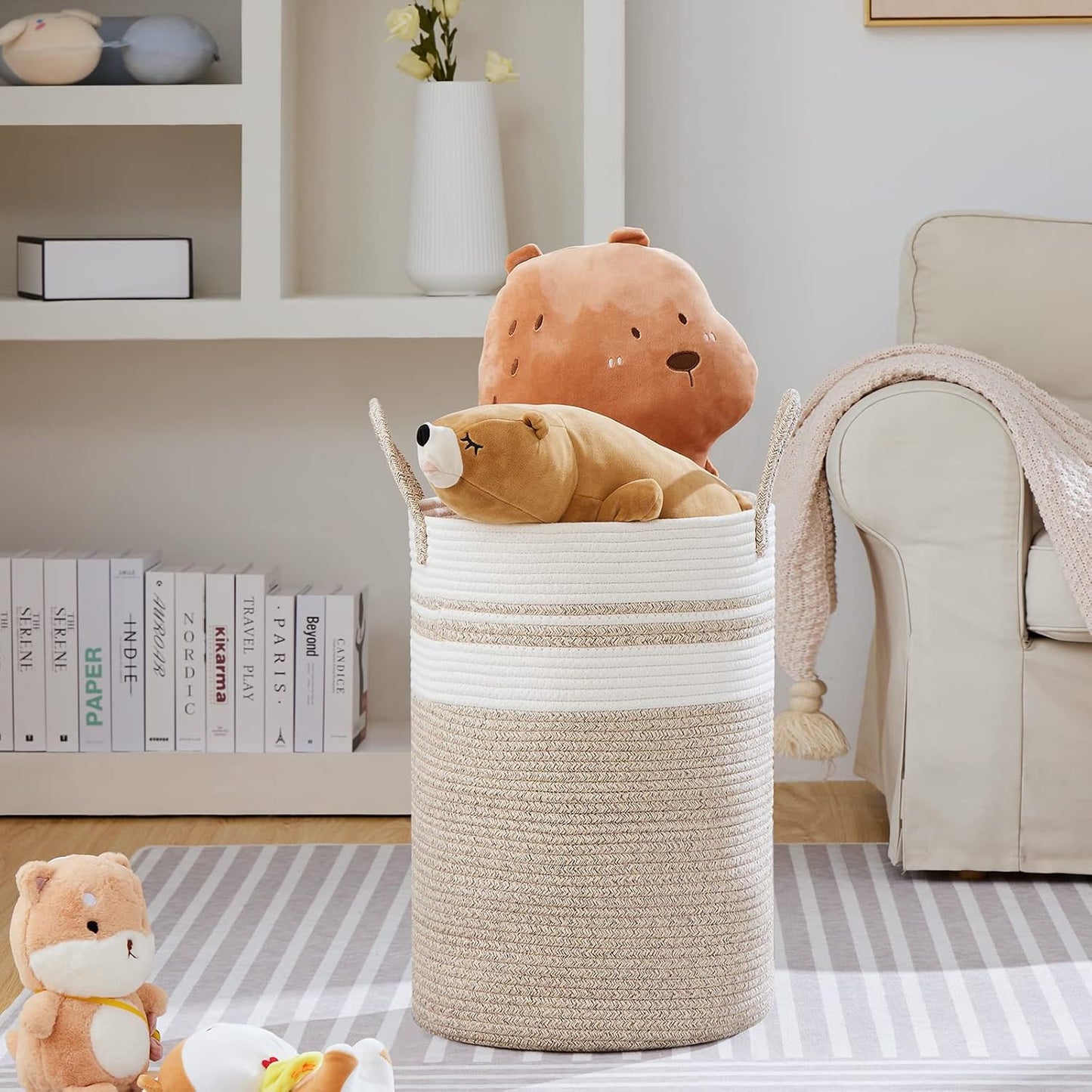 VIPOSCO Large Laundry Hamper, Tall Woven Rope Storage Basket for Blanket, Toys, Dirty Clothes in Living Room, Bathroom, Bedroom - 72L Brown & White