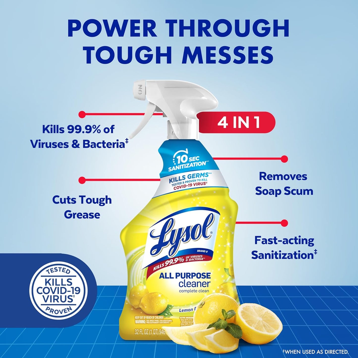 Lysol All Purpose Cleaner Spray, Multi-Purpose Disinfecting Spray, Kitchen & Bathroom Cleaner, Lemon Breeze, Lavender, Mango 32oz (Pack of 4)