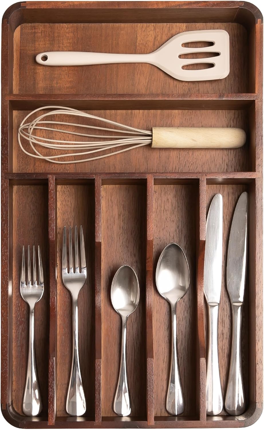 KitchenEdge Silverware Organizer - Cutlery, Flatware, and Utensil Holder for Kitchen Drawers, Fixed 10.5” Width, 7 Storage Compartments, Non-Slip Feet, Rounded Corners, Acacia Wood