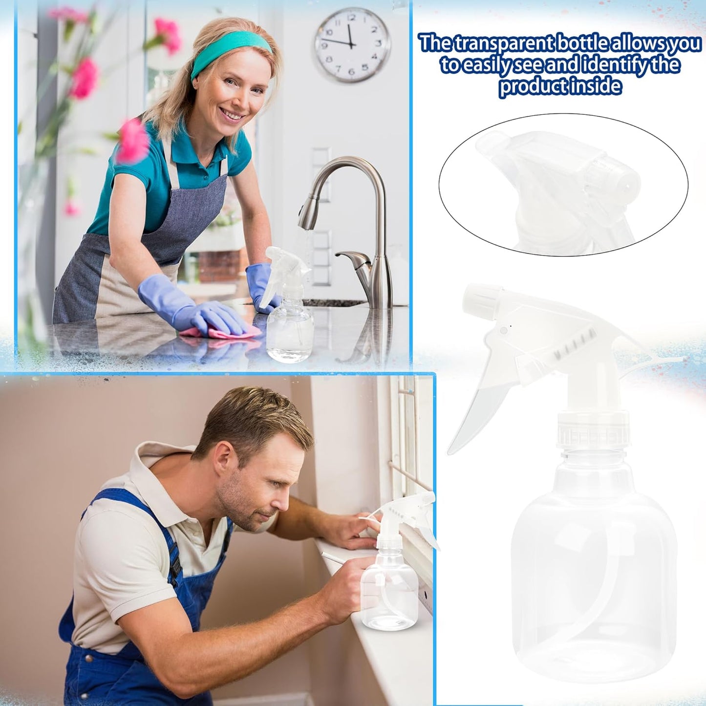 20 Pcs Empty Plastic Spray Bottle 8 OZ Reusable Clear Liquid Container with Trigger Sprayers for Water Perfume Cleaning Fluid Plants Kitchen Toilet Pet (Color Set 2)