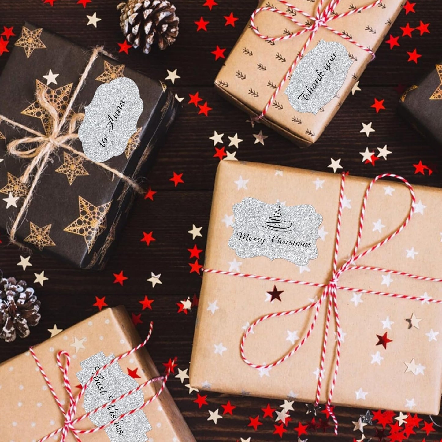 350 PCS Gift Tags Stickers Name Labels Stickers,2" x 1.2" Fancy Shape Stickers Self-Adhesive Handmade Bottle All-Purpose Jar Labels for Presents Cosmetic Decoration Jars Food Craft (Bright Silver)