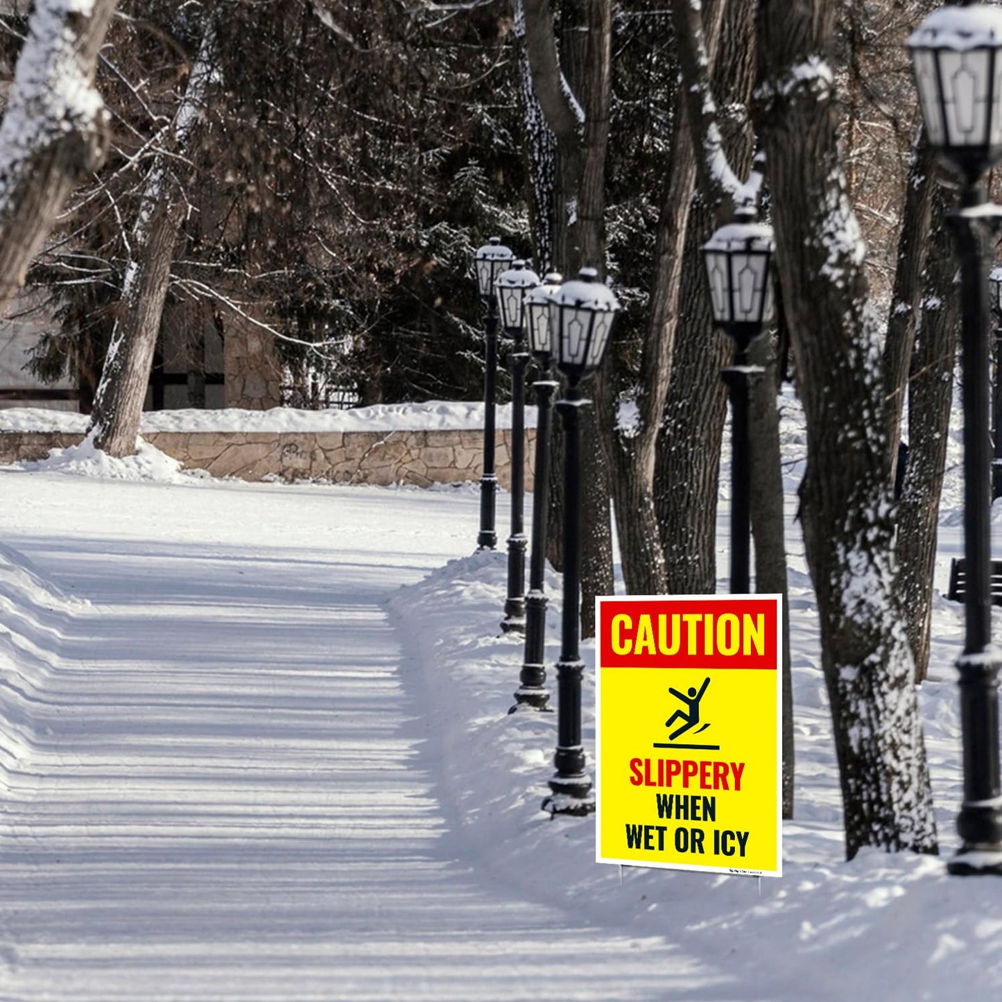 Caution Slippery When Wet or ICY Sign, (SI-84404) Double Sided 12x18 Inches, Corrugated Plastic with Metal H Stake, Made in USA by Sigo Signs