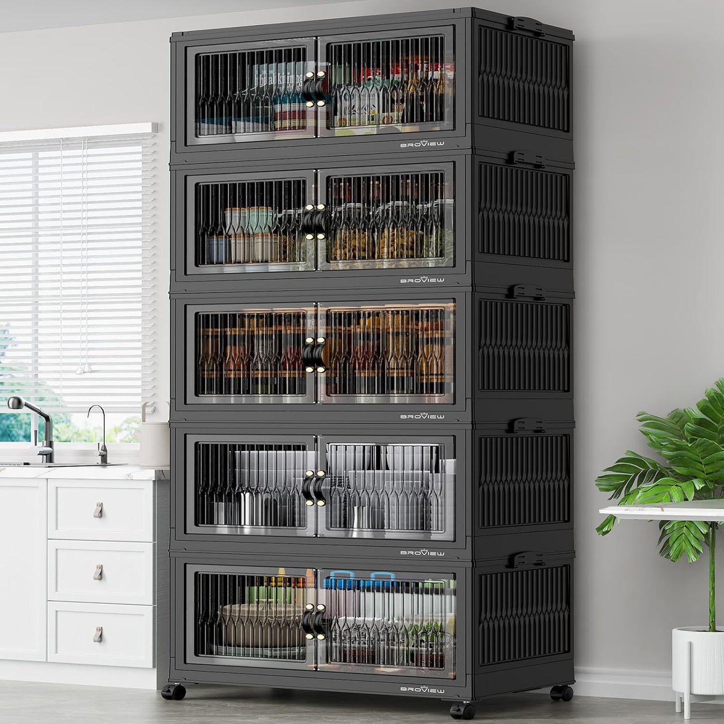 BROVIEW 600Qt Stackable Storage Bins with 5 Lids, Extra Large Closet Organizer Collapsible Drawer Boxes with Wheels, Folding Plastic Cabinet Containers for Home Kitchen Room Organization, 5Pack Black