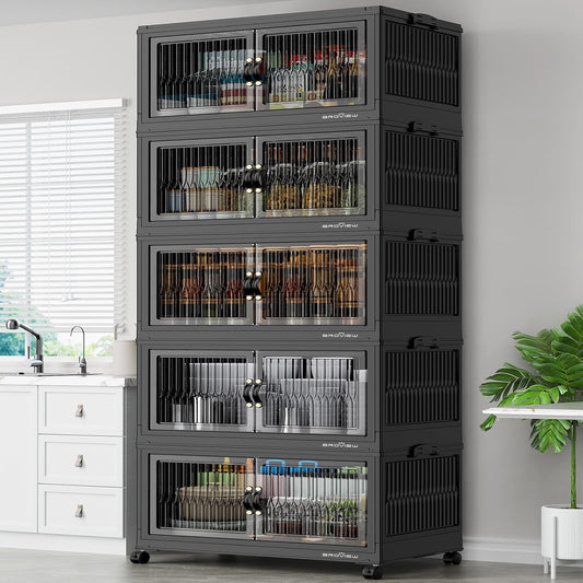 BROVIEW 600Qt Stackable Storage Bins with 5 Lids, Extra Large Closet Organizer Collapsible Drawer Boxes with Wheels, Folding Plastic Cabinet Containers for Home Kitchen Room Organization, 5Pack Black