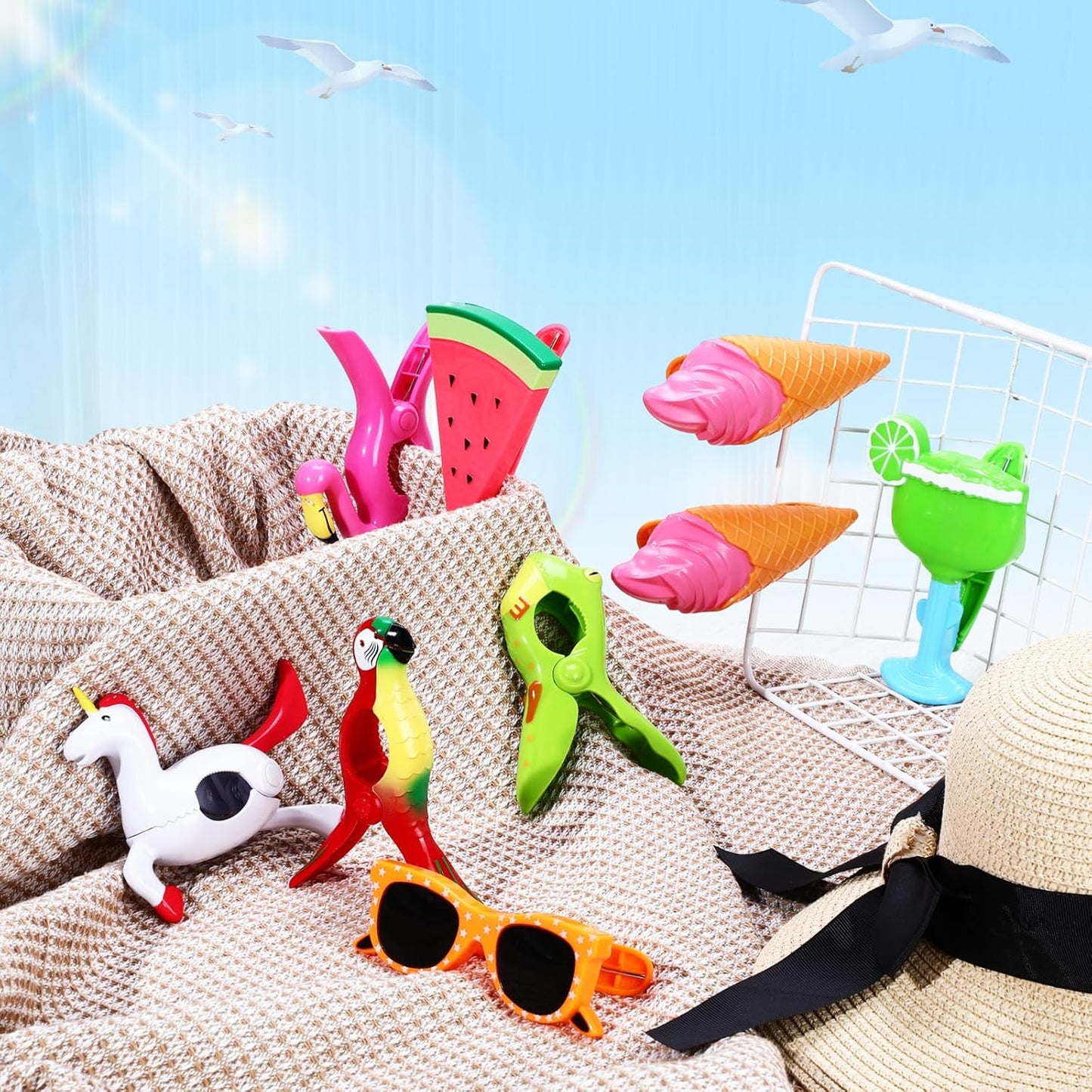 Rtteri 16 Pcs Beach Towel Clips for Beach Chairs Cute Towel Holder Cruise Clothes Pins for Lounge Chair Patio Pool, Assorted Style(Bright)