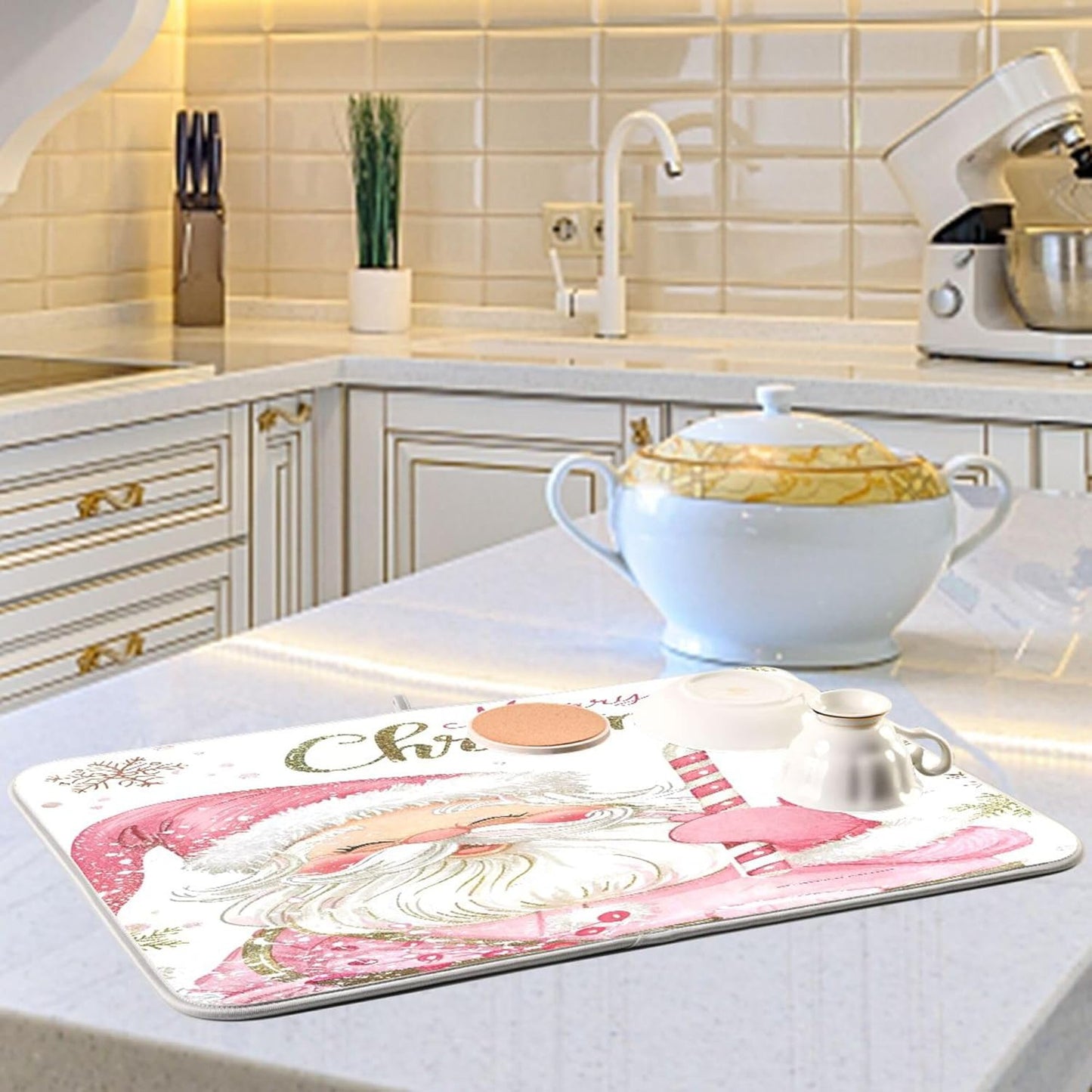 Christmas Santa Claus Pink Dish Drying Mat for Kitchen Countertop 16x18 Xmas Candy Cane Snowflake Small Drying Mat Reusable Quick Dry Dish Sink Mats Easy Clean Decorative Essentials