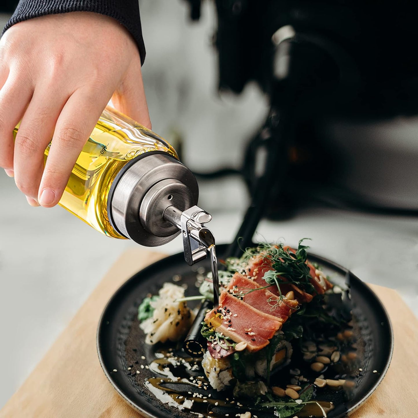 Suli Glass Olive Oil Dispenser Bottle -2 Pack17oz Oil and Vinegar Cruet Set with Steel Spouts and Labels for Kitchen Cooking, Salad Dressing, and BBQ (Silver)