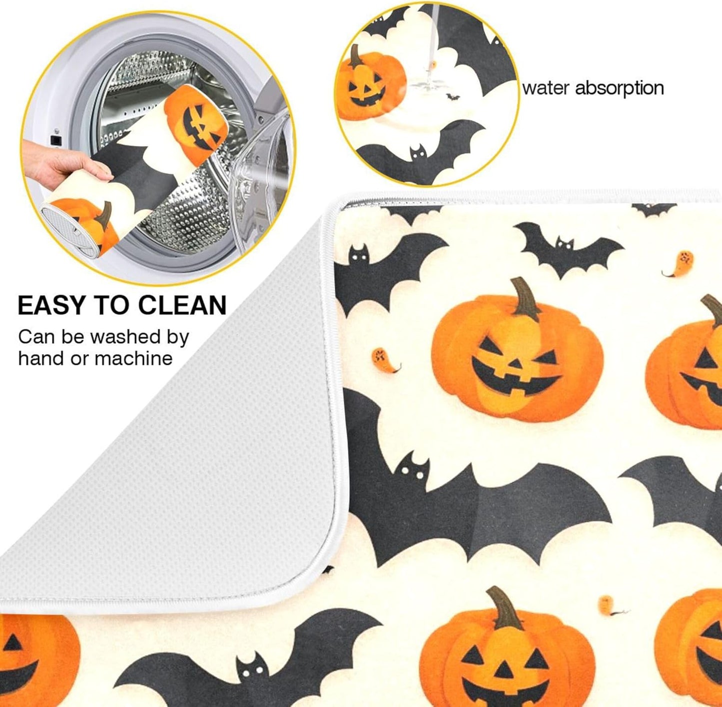 Halloween Black Bat Dish Drying Mat for Kitchen Countertop 18x24 Spooky Evil Pumpkin Lantern Large Drying Mat Reusable Quick Dry Dish Sink Mats Easy Clean Decorative Essentials