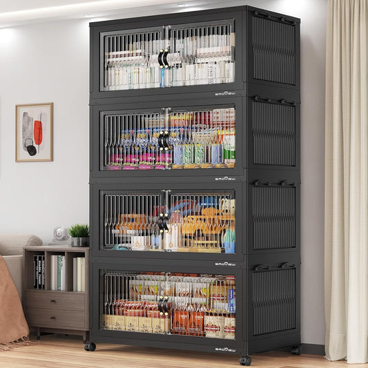 BROVIEW 800Qt Extra Large Stackable Storage Bins with Lid, Closet Organizer Collapsible Drawer Boxes with Wheels, Folding Plastic Cabinet Containers for Home Kitchen Room Organization, 4Pack Black