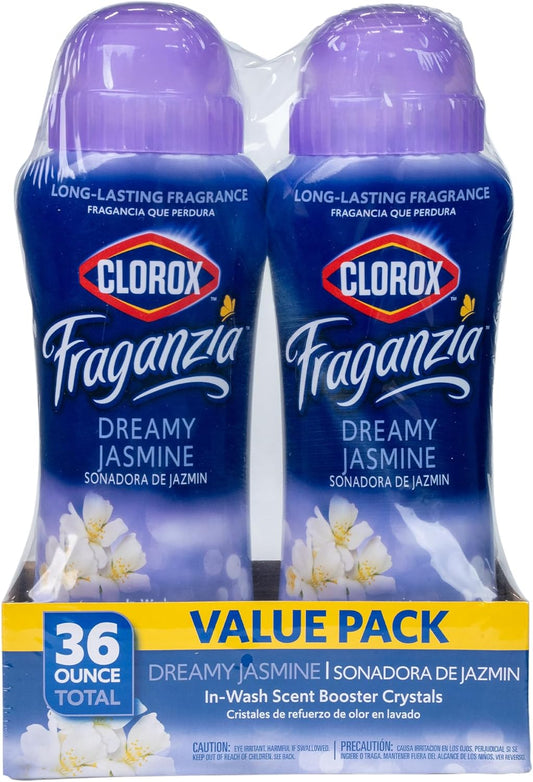 Clorox Fraganzia Laundry Scent Booster Crystals in Dreamy Jasmine Scent - Scented In-Wash Freshener Beads for Fresh, Clean, Great Smelling Clothes and Linens, 18 Oz - 2 Pack