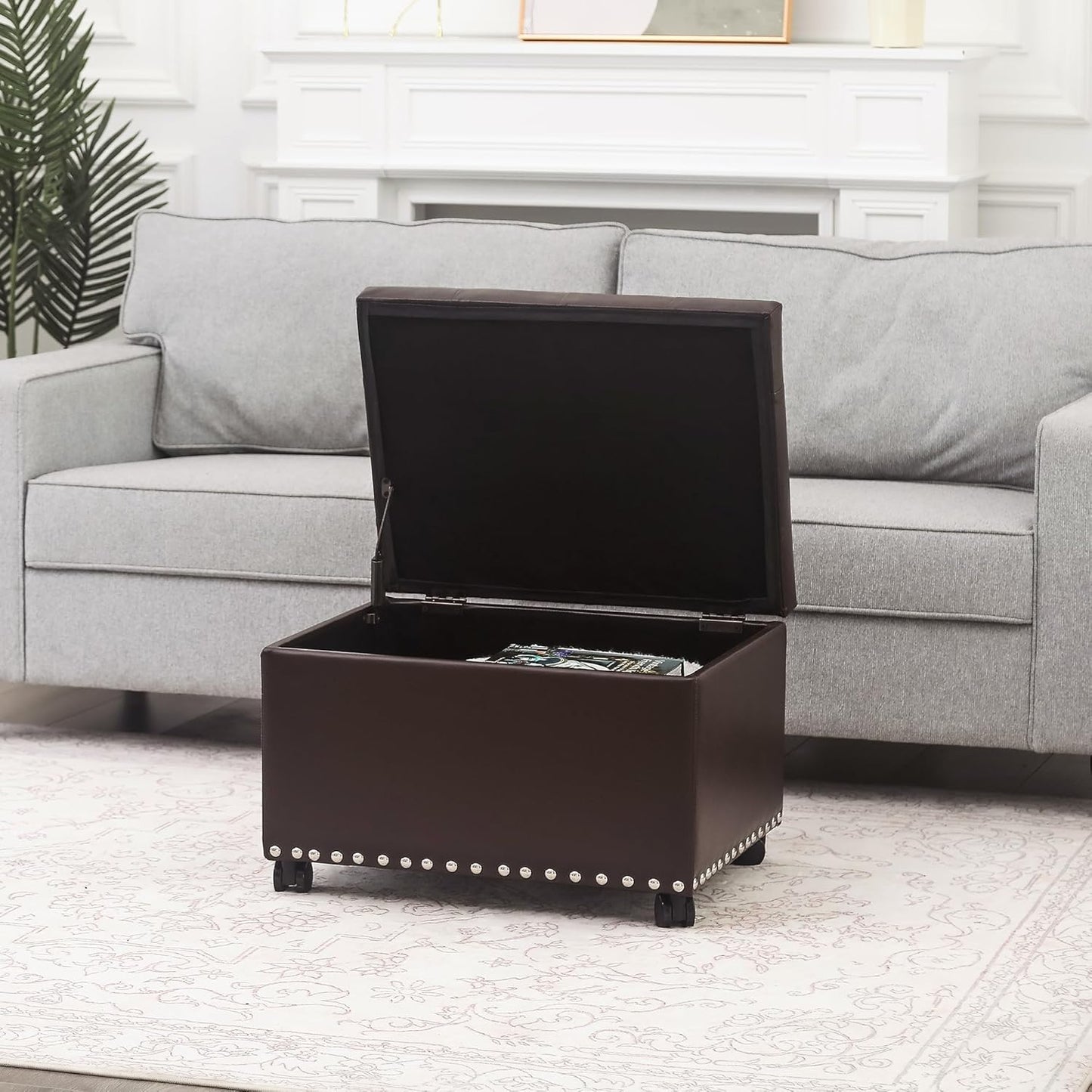 Joveco Leather Storage Ottoman with 360° Caster Wheels 24" Foot Rest Bench Rectangle Ottomans Stool for Living Room Bedroom (Brown, Wheels)