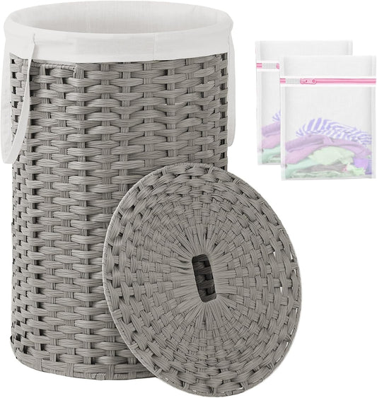 Large Laundry Hamper Laundry Basket Round 34.3 Gal (130 L) Handwoven Wicker Laundry Baskets Rattan Laundry Basket with Laundry Bag Handles 2 Mesh Bags for Living Room Bedroom Gray