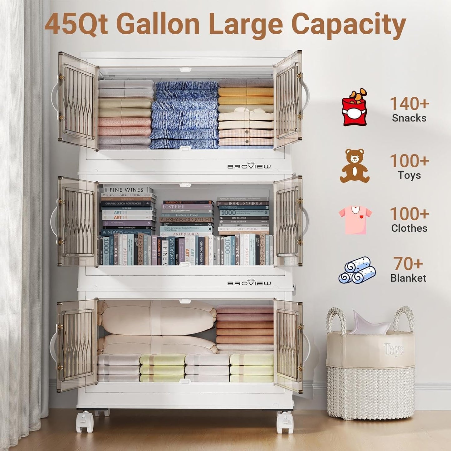 BROVIEW 135Qt Stackable Storage Bins with Lid, Extra Large Closet Organizer Collapsible Drawer Boxes with Wheels, Folding Plastic Cabinet Containers for Home Kitchen Room Organization, 3Pack White