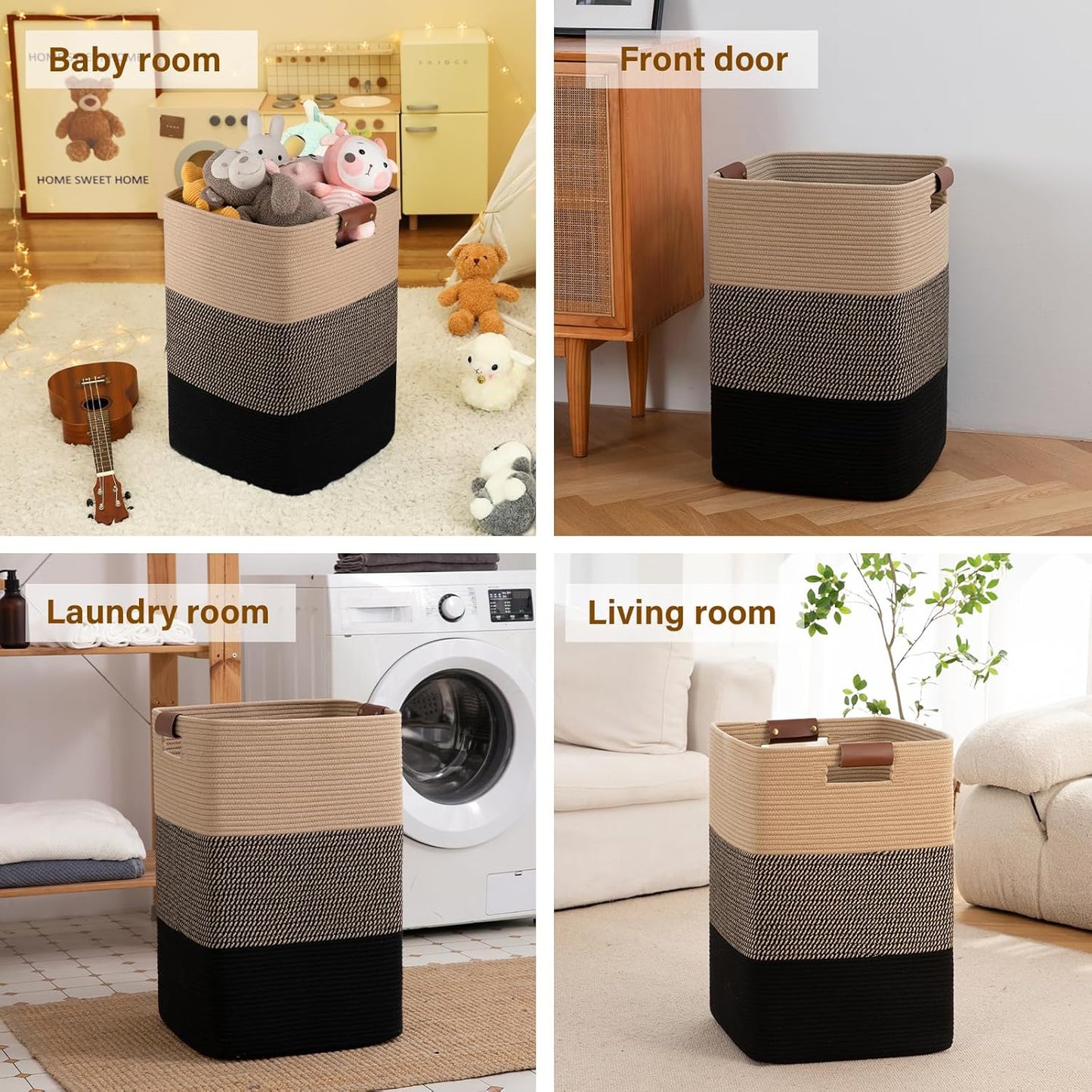 Laundry Hamper 96L Extra Large Laundry Basket, Woven Blanket Basket, Cotton Woven Storage Hamper with Handles for Living Room, Large Baskets for Pillows, Blankets, Clothes-Black & Yellow