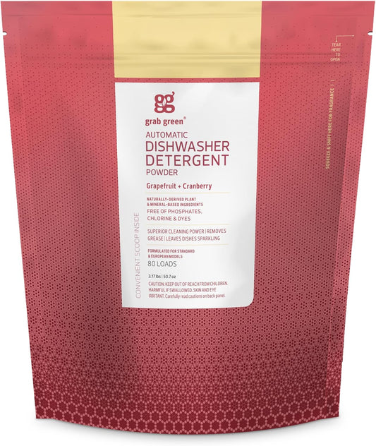Grab Green Automatic Dishwashing Detergent Powder 3.17 lbs, 80 Loads, Grapefruit Cranberry Scent, Plant and Mineral Based, Superior Cleaning, Powerful Grease Removal, Brilliant Shine