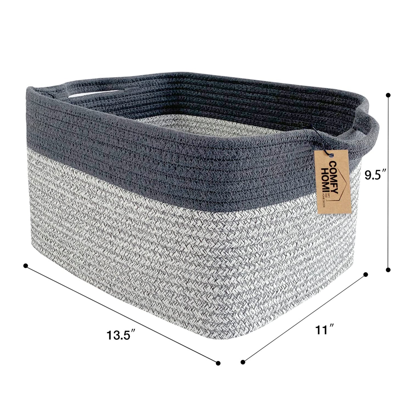 COMFY-HOMI 3Pack Cotton Rope Square Basket with Handles for Shelves|Dog Toy Storage Bin|Shoe Organizer - New 13.5" x 11" x 9.5" (Light Grey)