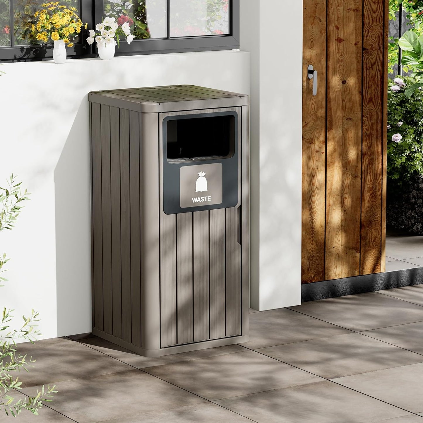 Outdoor Trash Can Waterproof Resin Garbage Can with Garbage Labels Outdoor Trash Bin for Patio, Garden,Kitchen