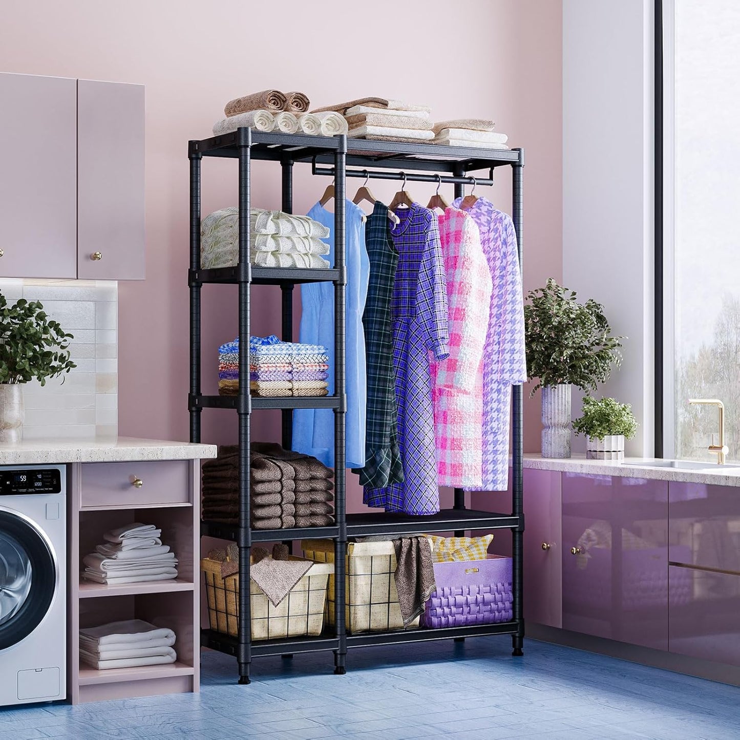 IZEUK Heavy Duty Rolling Garment Rack Wire Clothes Rack for Hanging Clothes, Metal Freestanding Closet Wardrobe Rack with 1 Rod Black 15.4" D x 35" W x 71.5" H