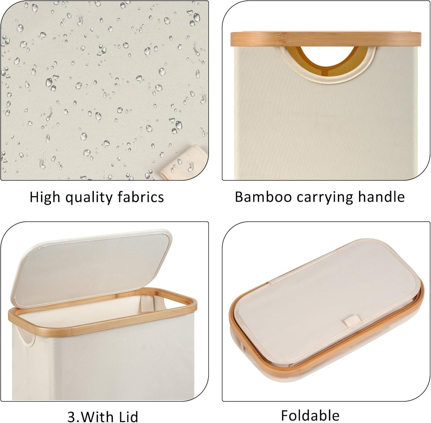 Slim Laundry Basket,Tall laundry Hamper with Lid,60L Hamper for Laundry,Dirty Cloth Hamper with Bamboo Handle for Toys,Towels, Clothes Organizing,Beige