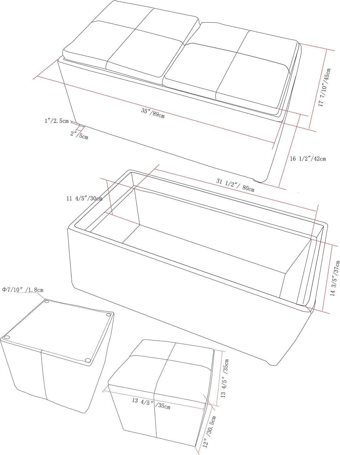 SIMPLIHOME Avalon 35 inch Wide Contemporary Rectangle 5 Pc Storage Ottoman in Tanners Brown Vegan Faux Leather, Assembled, for the Living Room, Entryway and Family Room