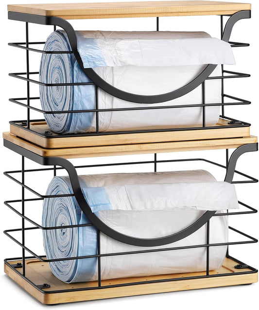 Extra Large Trash Bag Holder Stackable Kitchen Storage, 2 Pack Wall Mounted Pantry Organizers and Storage with Bamboo Top, Garbage Bag Dispenser Under Sink for Laundry Room and Kitchen