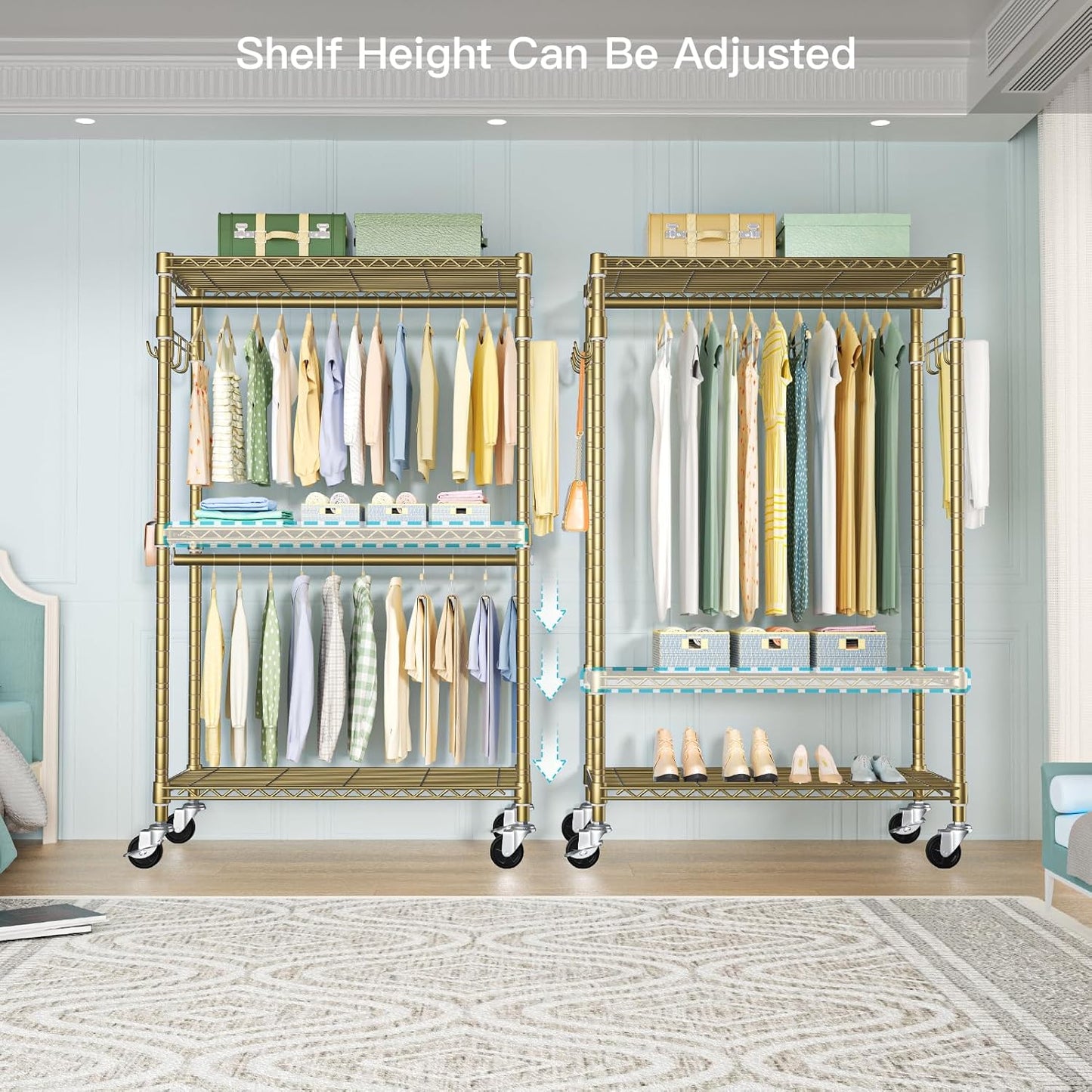 FUTASSI P1 Rolling Clothes Rack, Movable Metal Garment Closet Organizer with Lockable Wheels, Clothing Wardrobe with Double Hanger Rods and Hooks, 35.4" W x 15.7" D x 80.5" H, Load 450lbs, Gold