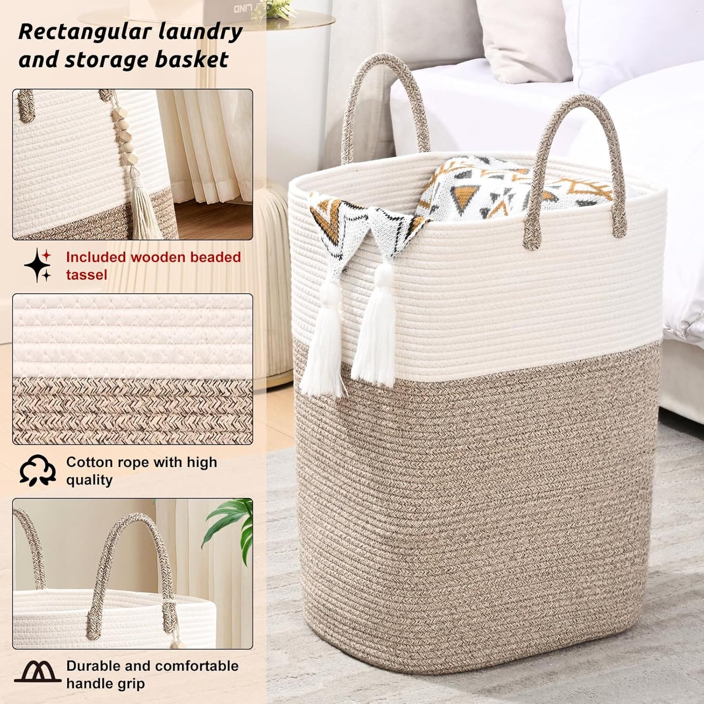 Woven Laundry Basket for Clothes, 80L Large Rectangle Laundry Hampers with Beads Tassel, Nursery Storage Basket for Toys, Tall Dirty Clothes Hamper for Bedroom Aesthetic, Laundry Room Organization