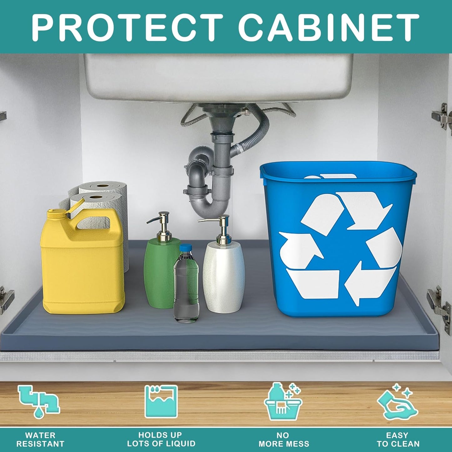 URMONA Waterproof Silicone Under Sink Mat 19'' x 12'' Shelf Liner for Kitchen and Bathroom, Cabinet and Counter Protector, Storage and Organizers, Litter Mat, Pet Cat Puppy Essentials(Dark Grey)