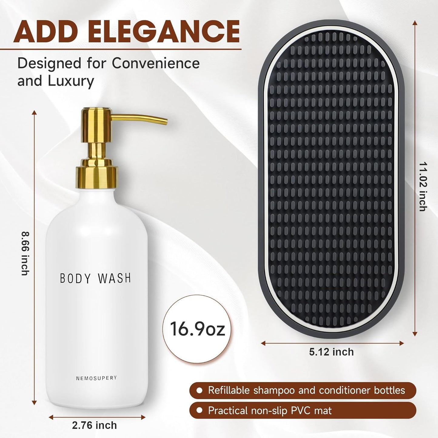 Glass Shampoo and Conditioner Dispenser-Shampoo Dispenser for Shower-16.9 fl oz Set of 3 Refillable Glass Bottles with Pump and Labels-Shower Soap Dispenser for Bathroom(White)