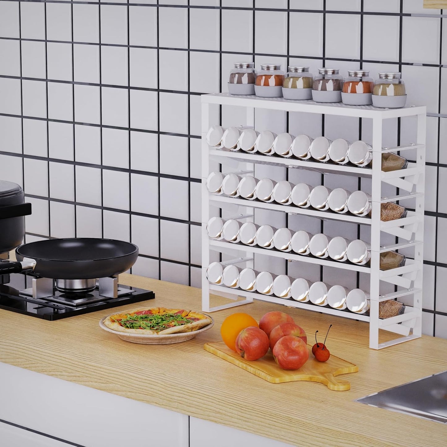 Expandable, Stackable, Adjustable Spice Rack kitchen Organizer,Metal Pantry Storage Shelves - Multi-Tier Shelf for Cabinet, Countertop, Pantries, Cupboard or Wall Mount,White