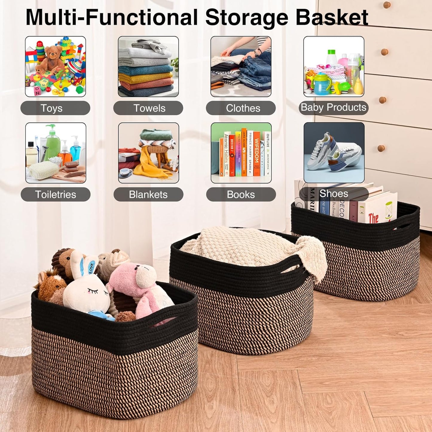 Storage Baskets for Organizing Shelves, Toy Basket for Kid's Room, Woven Cotton Rope Basket for Decor, Organizing Baskets for Bedroom Living Room, 15"x11"x9.5", 3 Packs, Black & Jute