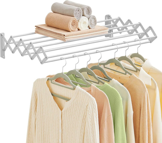 SONGMICS Clothes Drying Rack, Wall-Mounted Drying Rack Clothing, Accordion Laundry Rack, 9 Staggered Hanging Rods, Expandable and Retractable, Steel, Cloud White ULLR806W01