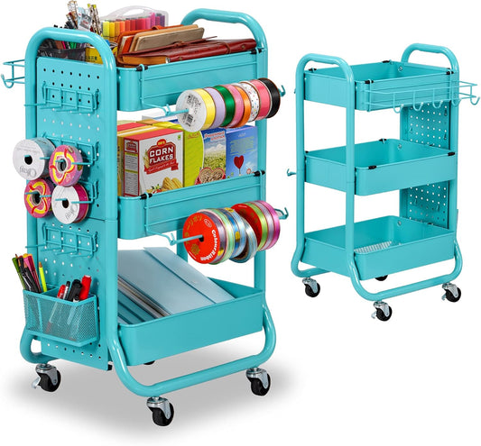 DESIGNA 3-Tier Utility Storage Rolling Cart with Removable Pegboard & Extra Storage Baskets Hooks, Metal Craft Art Carts for Gift Home Office, Teal