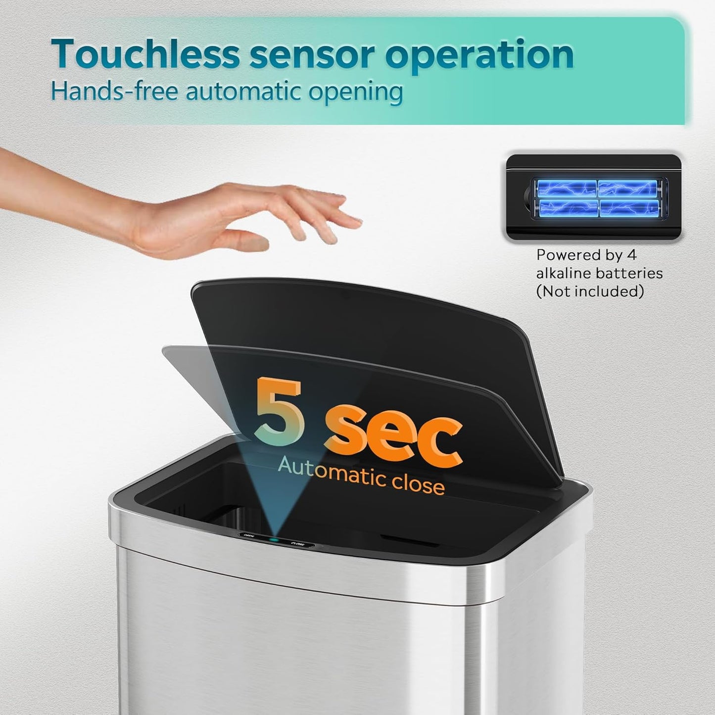 WLIVE 16 Gallon Motion Sensor Trash Can, 60 Liter Automatic Kitchen Trash Can with Soft Close Lid, Touchless Electronic Smart Stainless Steel Waste Bin for Kitchen, Office, Silver