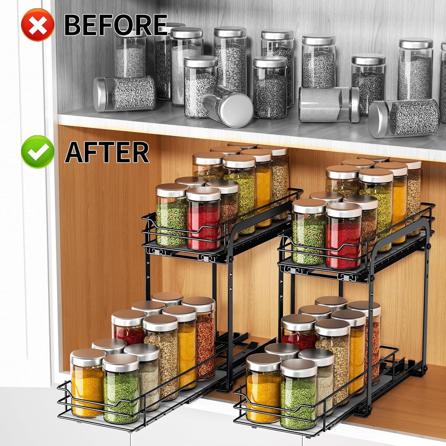 RCHYFEED Spice Organization for Cabinet, 2 Tier Pull Out Spice Rack for Seasoning Organizer, Height Adjustable Heavy Duty Metal Basket for Inside Cabinets & Pantry Closet(5.5" Wx10.5 Dx9.5 H)