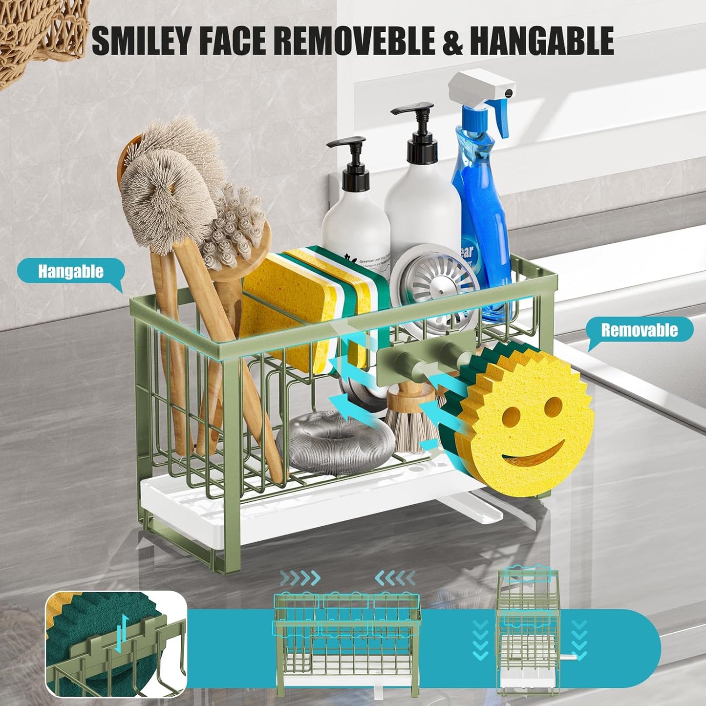 Sponge Holder for Kitchen Sink with Flexible Sink Caddy Smiley Face,2 Tier Kitchen Sponge Holder Countertop and Storage Essentials,Soap Dispenser Organize,Home Decor Accessories-Green
