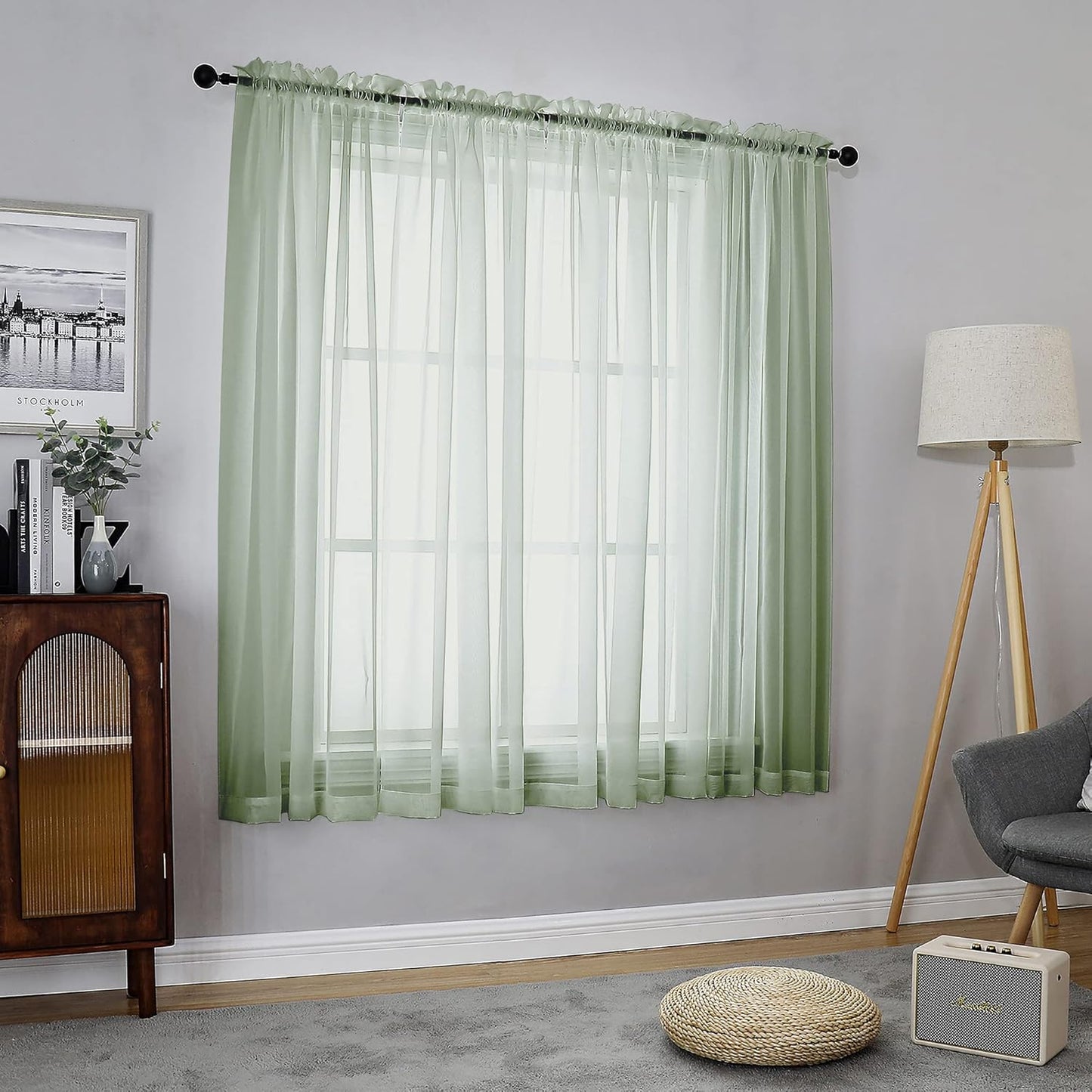 Chyhomenyc Sage Green Sheer Curtains 54 Inch Long 2 Panels Set, Short Rod Pocket Voile Drapes for Dinning Small Windows Bathroom Living Room Bedroom, Each 42Wx54L in, 2PCS, Sage Green