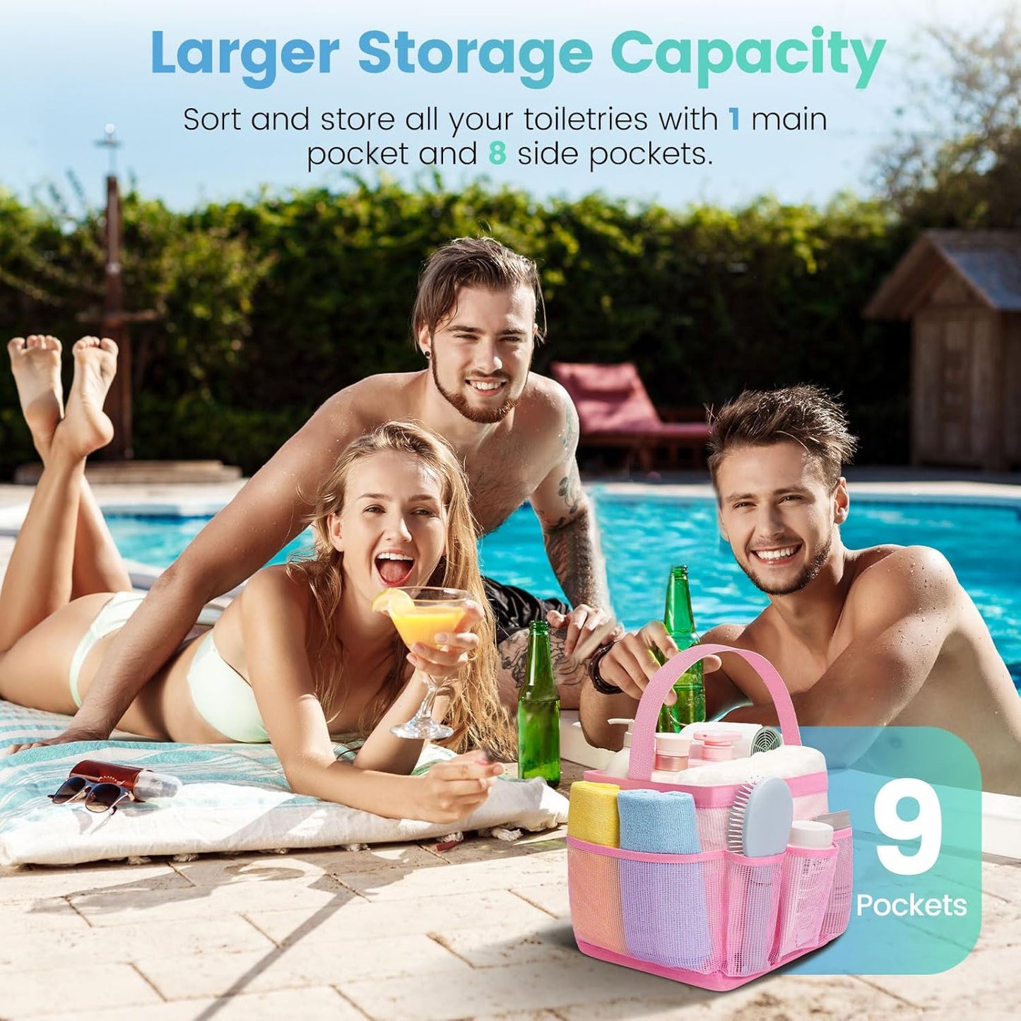 Shower Caddy Portable for College Dorm Room Essentials for Girls with 9 Pockets,Large-Capacity Shower Basket,Quick Dry Toiletry Tote Bag,Outdoor Gym,Travel,Swim,Beach Camping Essentials-Black and Pink