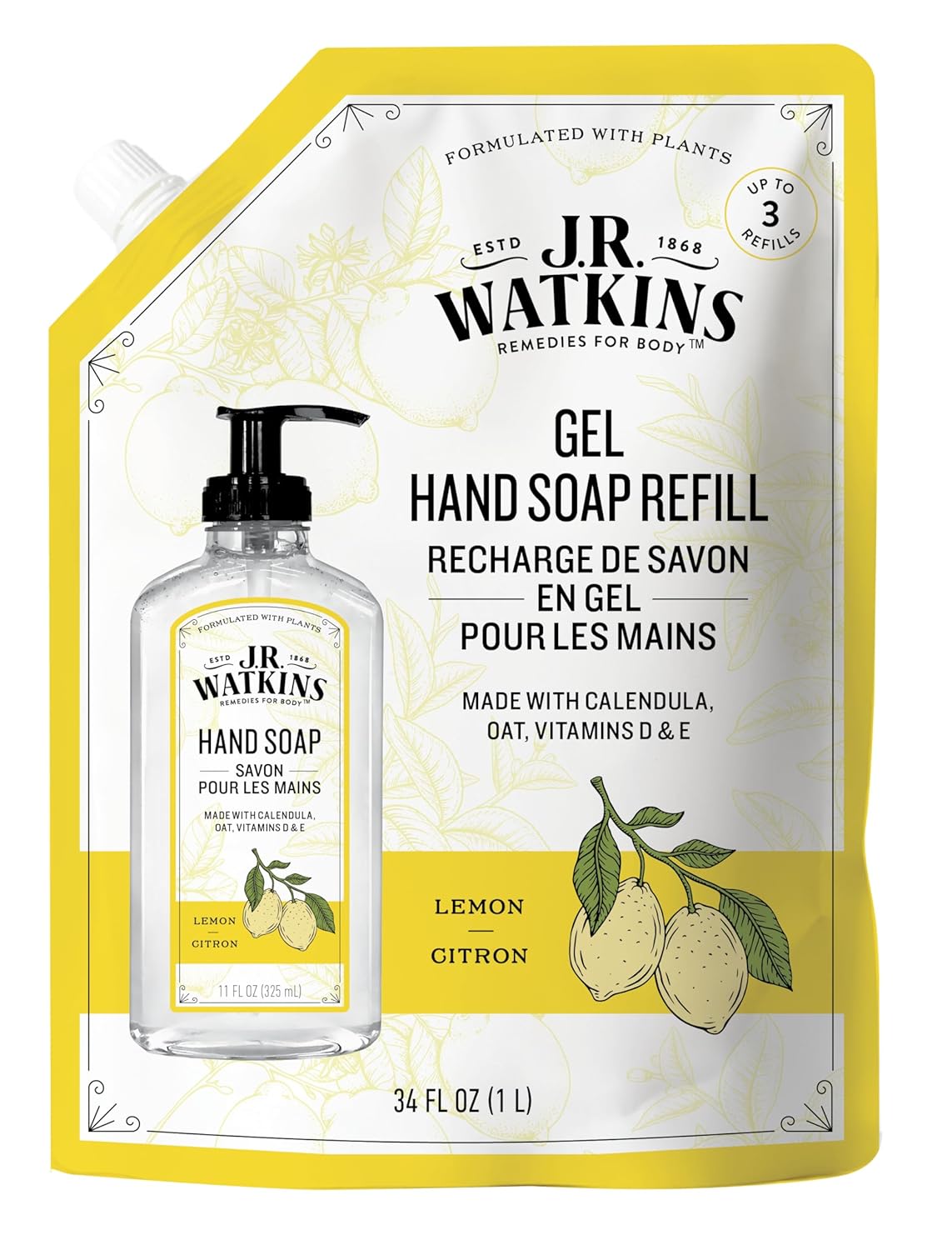 J.R. Watkins Liquid Hand Soap Lemon Refill, 34 Fl Oz