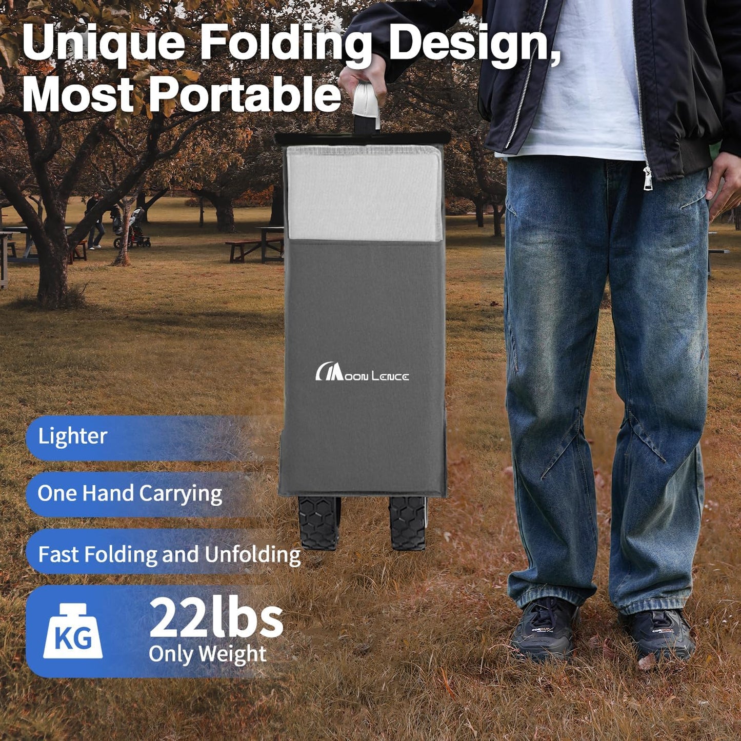 Moon Lence Collapsible Folding Wagon Cart Heavy Duty Folding Garden Portable Hand Cart with All-Terrain Beach Wheels, Adjustable Handle & Drink Holders (Grey & Ivory)