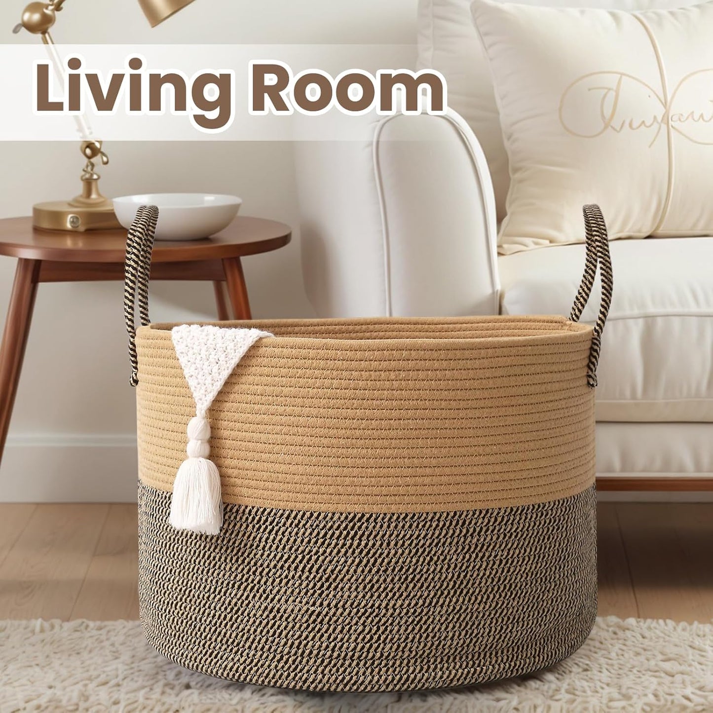 Woven Blanket Basket,65L Large Rope Storage Bin with Handles, Organizer for Blankets Toys Book and Clothes, Laundry Basket for Living Room Bedroom Nursery,Jute&Black