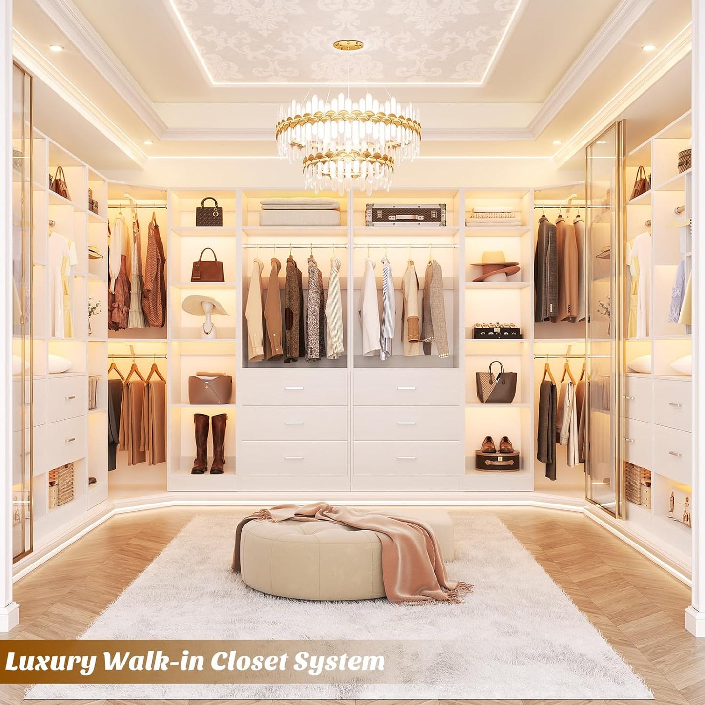 Corner Closet System with 6 Drawers, Closet Organizer System with 14 Shelves & 4 Hanging Rods, 87.2"L * 39.2"W / 63.2"L * 63.2"W Reversible L Shaped Walk-in Closets, Load 2500+LBS, White