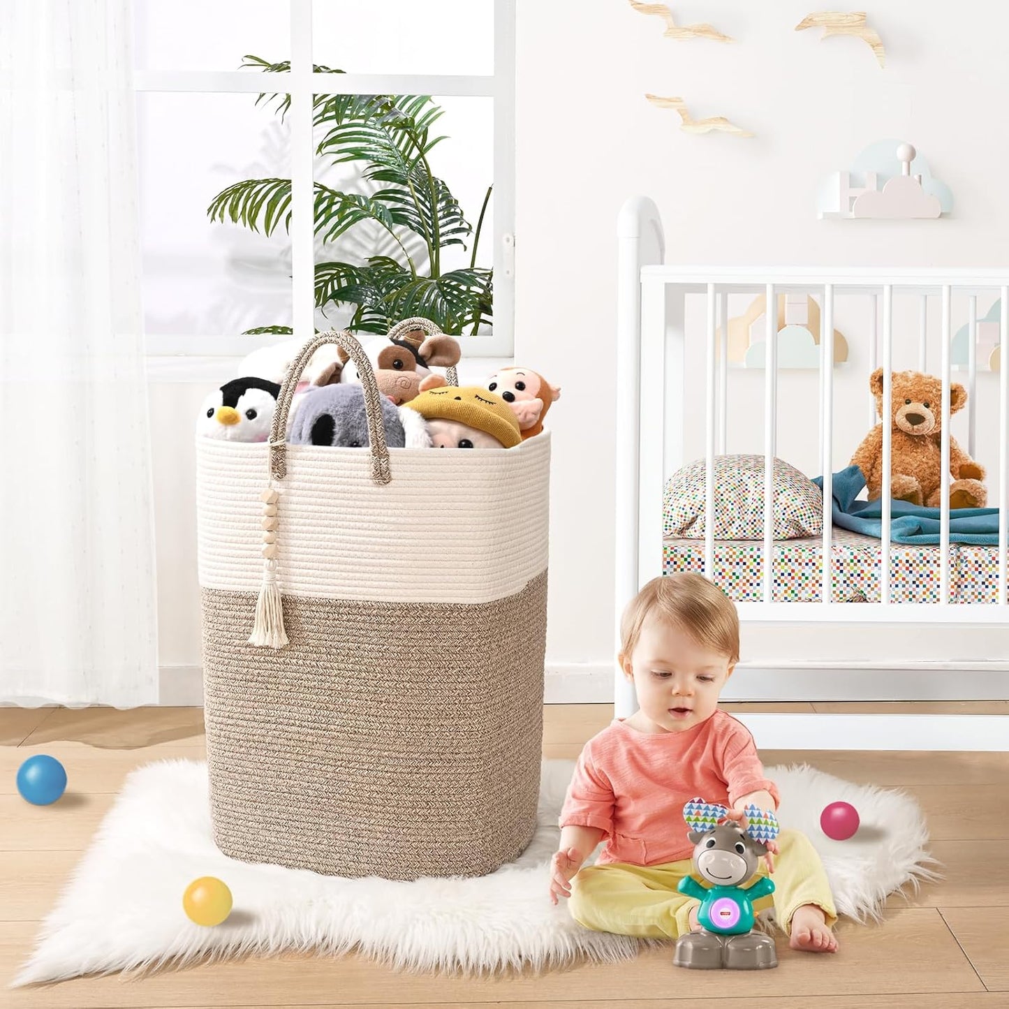 Woven Laundry Basket for Clothes, 100L Large Rectangle Laundry Hampers with Beads Tassel, Nursery Storage Basket for Toys, Tall Dirty Clothes Hamper for Bedroom Aesthetic, Laundry Room Organization