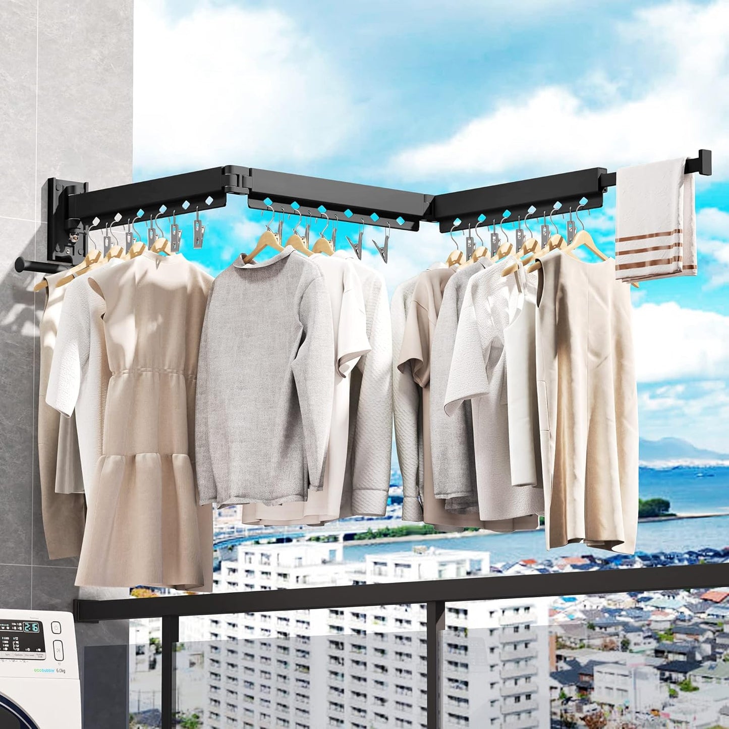 Wall Mounted Clothes Drying Rack - Retractable, Collapsible, Folding with Clips - Perfect for Laundry Room Organization