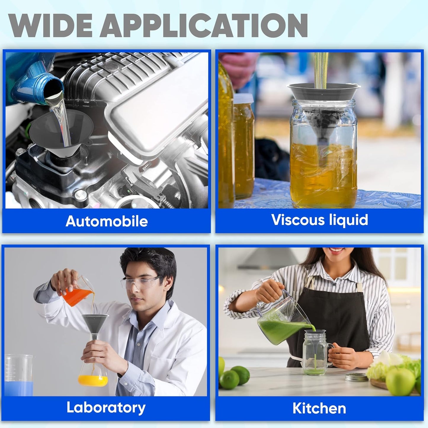 Funnel Gray in 4 Different Sizes (122, 101, 76 & 50mm) Durable & Non-Toxic Food Grade Plastic -Funnels for Filling Bottles or Containers – Ideal for Kitchen, Garage & Labs